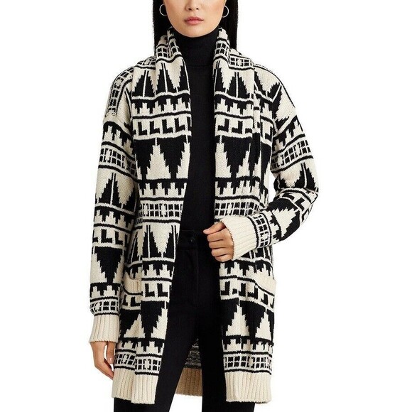 Lauren Ralph Lauren Geo-Motif 100% Cotton Shawl Collar Women’s Cardigan XXL Boho - Picture 2 of 16